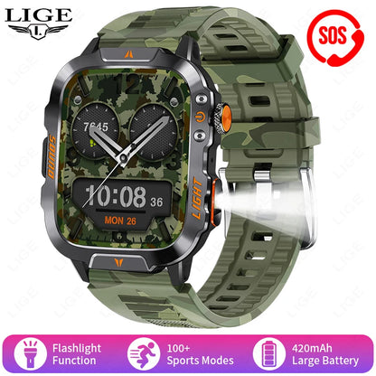 LIGE Militärische Smartwatch 2025 – Wasserdicht, Outdoor Sport Tracker, LED-Taschenlampe, Bluetooth-Anruf | Taggytech