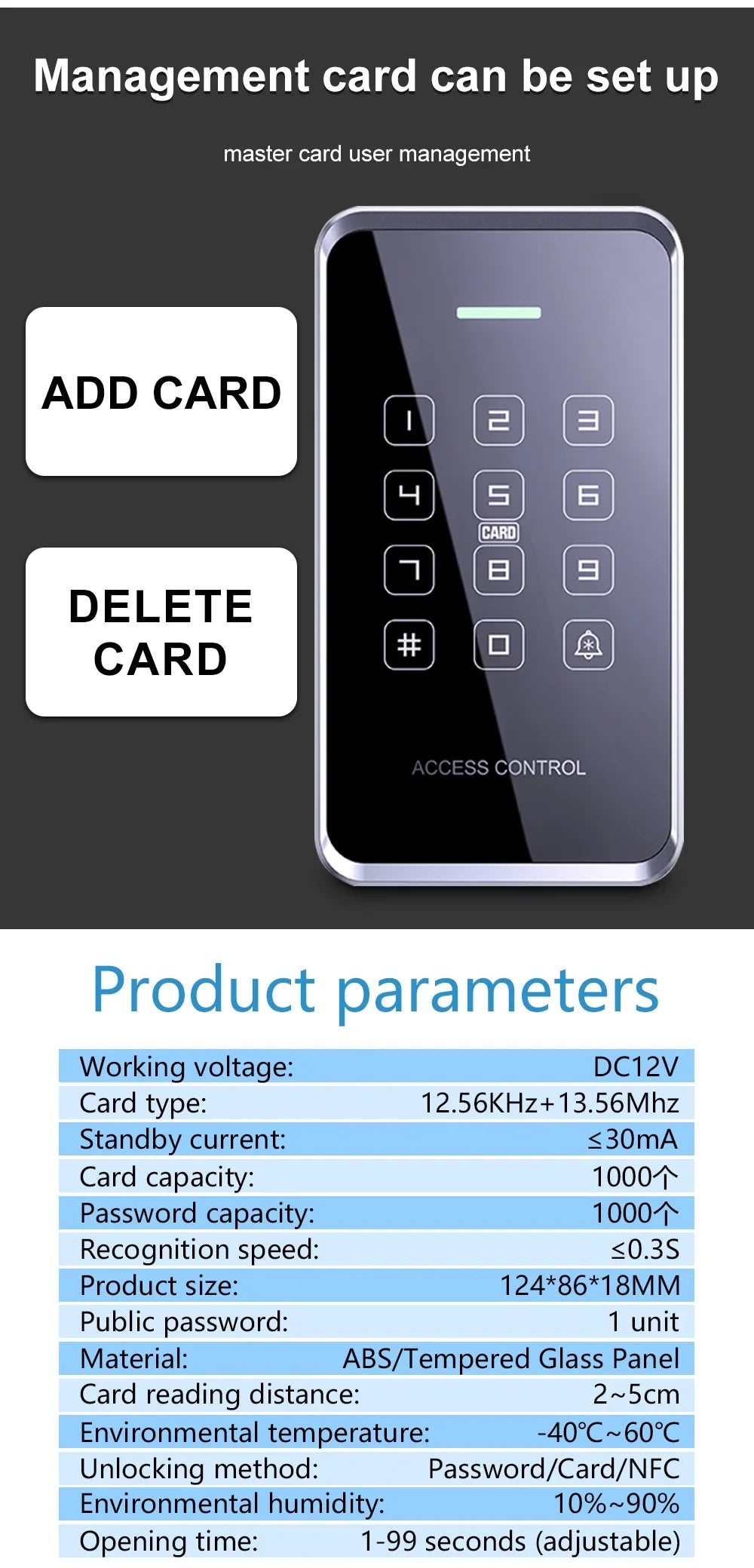 NFC/RFID Access Control Keypad – Waterproof, Touchscreen, 1000 Users, Dual-Frequency Wiegand Reader | Taggytech