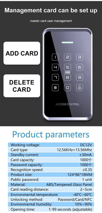NFC/RFID Access Control Keypad – Waterproof, Touchscreen, 1000 Users, Dual-Frequency Wiegand Reader | Taggytech