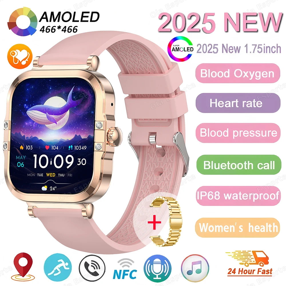 ساعة ذكية NFC 2025 - شاشة AMOLED مقاس 1.75 بوصة، تدعم البلوتوث وتتبع المكالمات والصحة