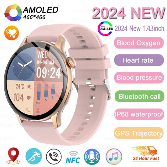 ساعة ذكية نسائية NFC 2024 - شاشة AMOLED مقاس 1.43 بوصة، تدعم البلوتوث وتتبع اللياقة البدنية