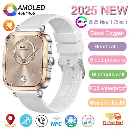 ساعة ذكية NFC 2025 - شاشة AMOLED مقاس 1.75 بوصة، تدعم البلوتوث وتتبع المكالمات والصحة