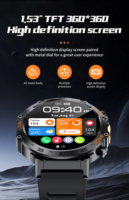 LIGE Militär Outdoor Smartwatch Herren 2024 – AMOLED HD, Bluetooth-Anrufe, Fitness & Sport, IP68 Wasserdicht | Taggytech