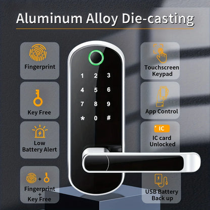 Smartes WLAN-Fingerabdruck-Türschloss mit App, NFC & Touchscreen – IP67 wasserdicht, 5-in-1 Zugangssystem, inkl. 2 IC-Karten & Notfall-USB