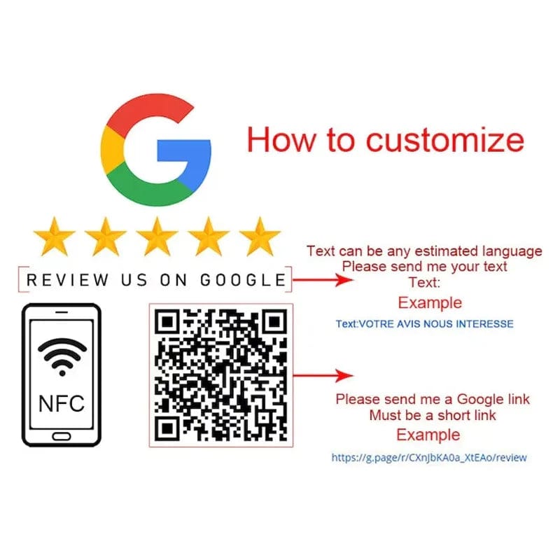 Google Bewertungsschild mit integriertem NFC und QR-Code für einfache Sammlung von Kundenmeinungen