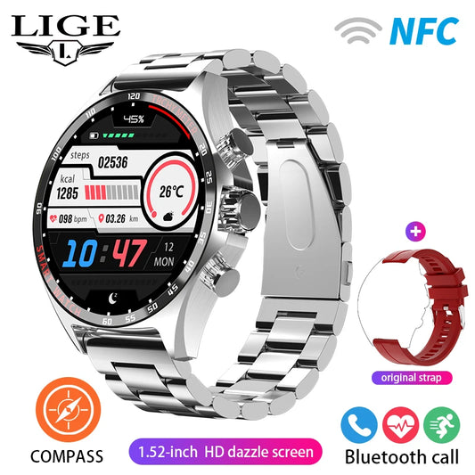 ساعة LIGE الذكية NFC مع نظام تحديد المواقع العالمي (GPS) ومكالمات بلوتوث وبوصلة - شاشة AMOLED مقاس 1.52 بوصة، مقاومة للماء IP68، أكثر من 50 وضعًا رياضيًا، ومساعد صوتي SOS