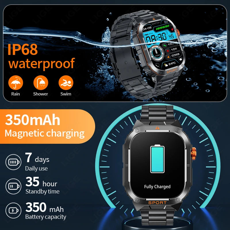 LIGE 2025 Professionelle Sport Smartwatch Herren – Outdoor Wasserdicht, LED-Taschenlampe, Bluetooth Anruf, 2,01" HD Display | Taggytech