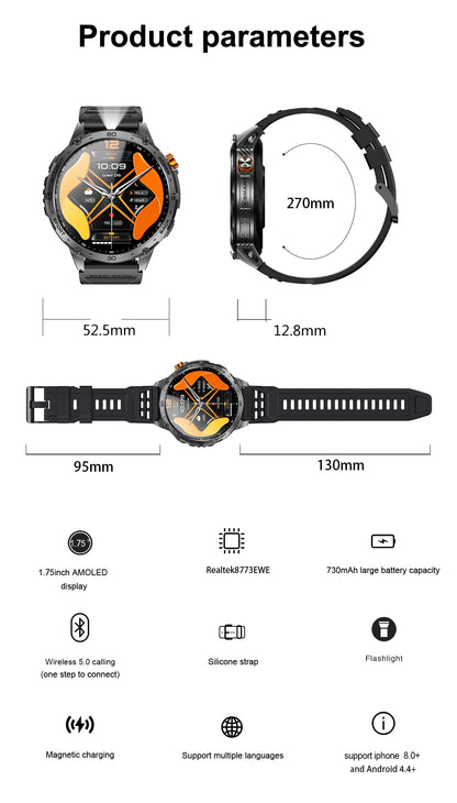 LIGE 2025 Militär Outdoor Smartwatch Herren – 1,75" AMOLED HD, 730 mAh Akku, Taschenlampe, 3ATM Wasserdicht | Taggytech