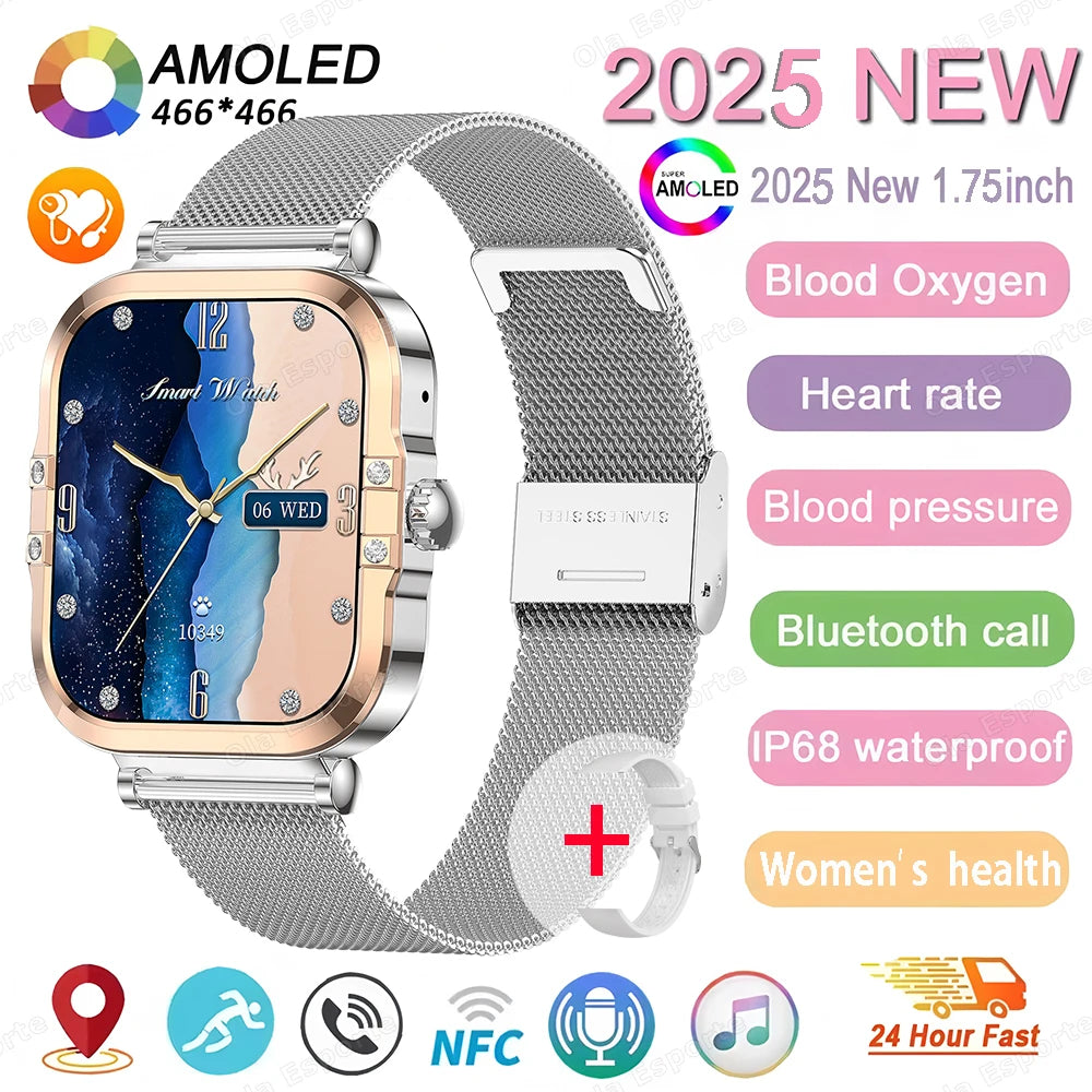 ساعة ذكية NFC 2025 - شاشة AMOLED مقاس 1.75 بوصة، تدعم البلوتوث وتتبع المكالمات والصحة