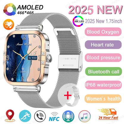ساعة ذكية NFC 2025 - شاشة AMOLED مقاس 1.75 بوصة، تدعم البلوتوث وتتبع المكالمات والصحة