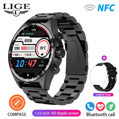 ساعة LIGE الذكية NFC مع نظام تحديد المواقع العالمي (GPS) ومكالمات بلوتوث وبوصلة - شاشة AMOLED مقاس 1.52 بوصة، مقاومة للماء IP68، أكثر من 50 وضعًا رياضيًا، ومساعد صوتي SOS