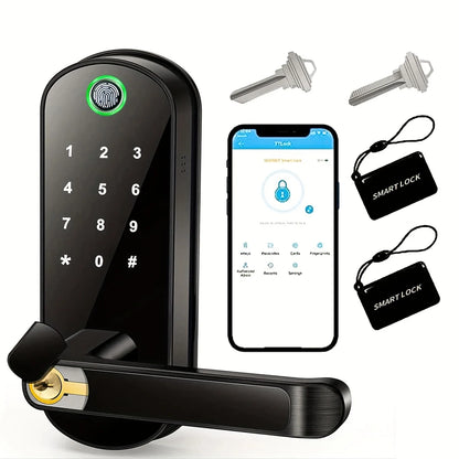 Smartes WLAN-Fingerabdruck-Türschloss mit App, NFC & Touchscreen – IP67 wasserdicht, 5-in-1 Zugangssystem, inkl. 2 IC-Karten & Notfall-USB