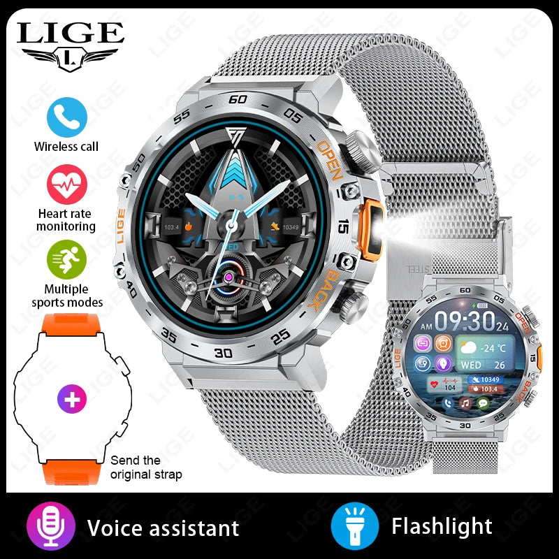 LIGE Militär Outdoor Smartwatch Herren 2024 – AMOLED HD, Bluetooth-Anrufe, Fitness & Sport, IP68 Wasserdicht | Taggytech