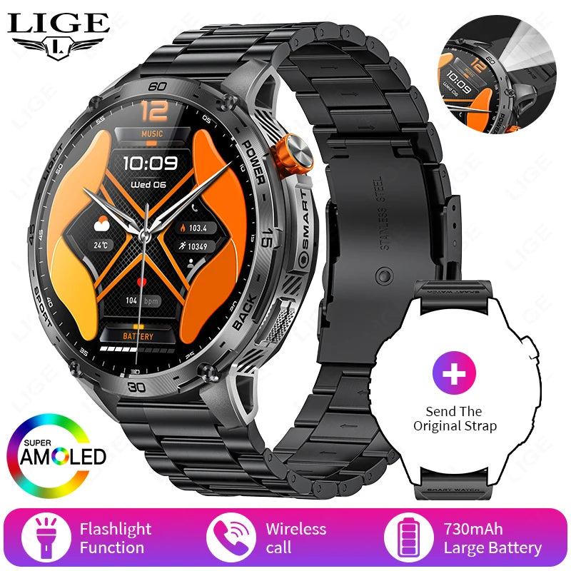 LIGE 2025 Militär Outdoor Smartwatch Herren – 1,75" AMOLED HD, 730 mAh Akku, Taschenlampe, 3ATM Wasserdicht | Taggytech