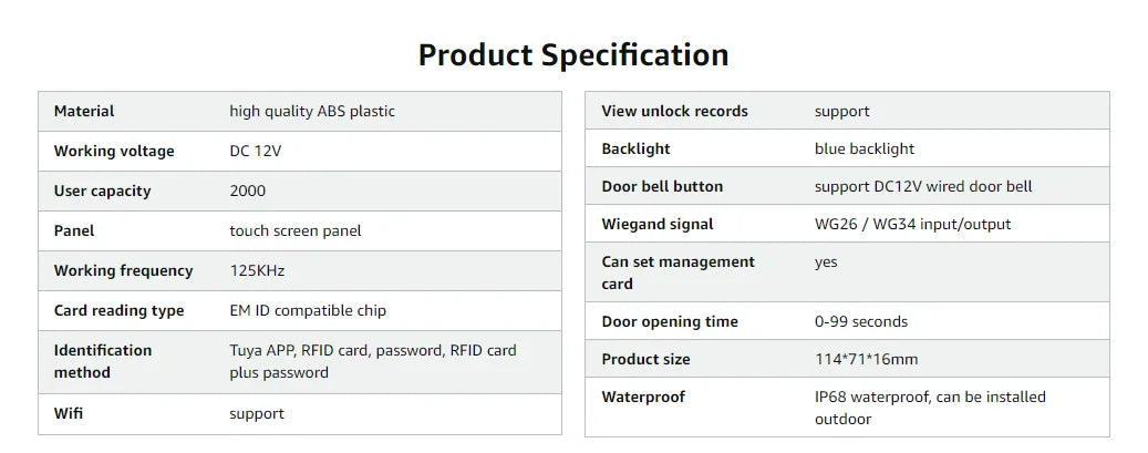 Tuya WiFi Access Control – IP68 Waterproof RFID Keypad, 2000 Users, Touch Panel, App Control | Taggytech