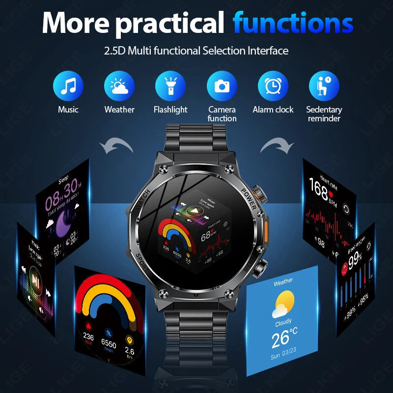 LIGE Smartwatch Herren 2025 – Militär Outdoor, 1,8" HD AMOLED, 800 mAh Batterie, Herzfrequenz & Bluetooth-Anruf, Sport-Smartwatch für Android & iOS