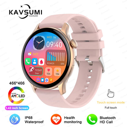 ساعة ذكية نسائية NFC 2024 - شاشة AMOLED مقاس 1.43 بوصة، GPS وبلوتوث للاتصال