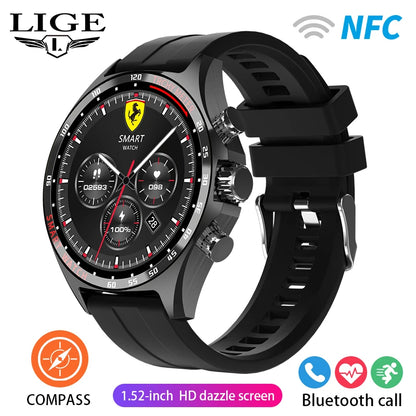 ساعة LIGE الذكية NFC مع نظام تحديد المواقع العالمي (GPS) ومكالمات بلوتوث وبوصلة - شاشة AMOLED مقاس 1.52 بوصة، مقاومة للماء IP68، أكثر من 50 وضعًا رياضيًا، ومساعد صوتي SOS