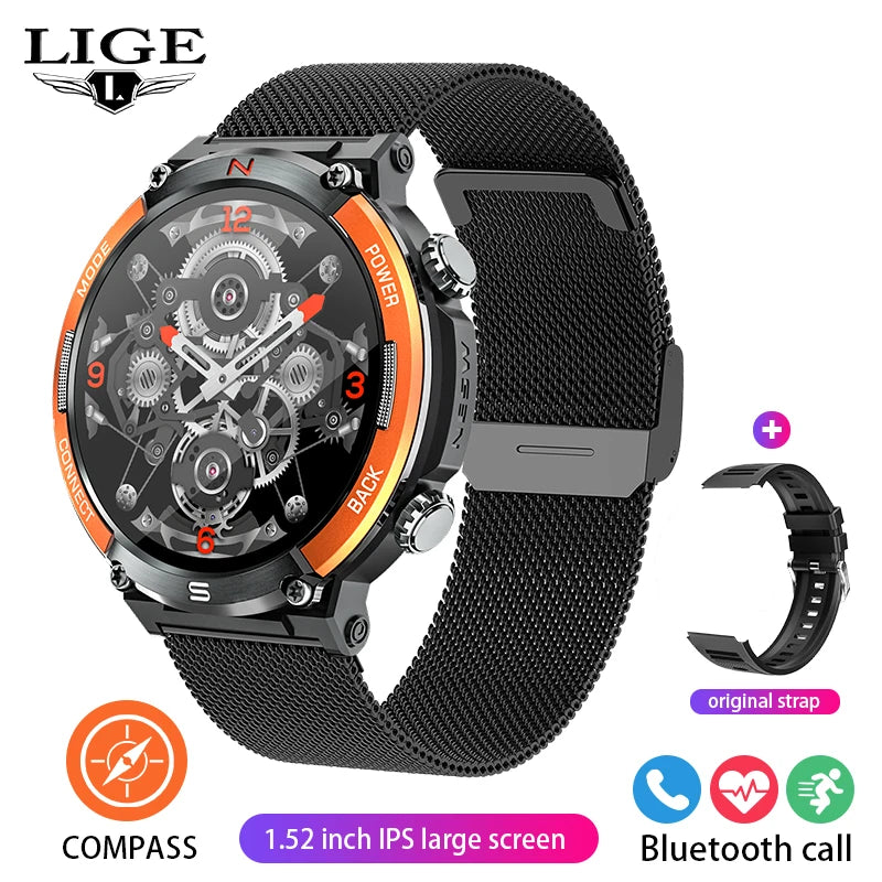 LIGE 2024 Outdoor Smartwatch for Men – Bluetooth Call, Compass, Fitness & Health Monitor, IP68 Waterproof, 1.52" IPS Display