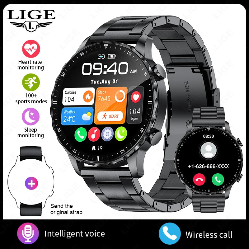 LIGE Smartwatch for Men – Bluetooth Call, Fitness &amp; Sports Tracker, IP68 Waterproof