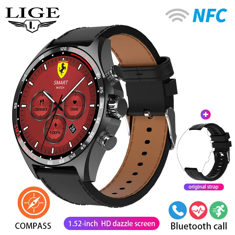 ساعة LIGE الذكية NFC مع نظام تحديد المواقع العالمي (GPS) ومكالمات بلوتوث وبوصلة - شاشة AMOLED مقاس 1.52 بوصة، مقاومة للماء IP68، أكثر من 50 وضعًا رياضيًا، ومساعد صوتي SOS