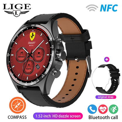 ساعة LIGE الذكية NFC مع نظام تحديد المواقع العالمي (GPS) ومكالمات بلوتوث وبوصلة - شاشة AMOLED مقاس 1.52 بوصة، مقاومة للماء IP68، أكثر من 50 وضعًا رياضيًا، ومساعد صوتي SOS