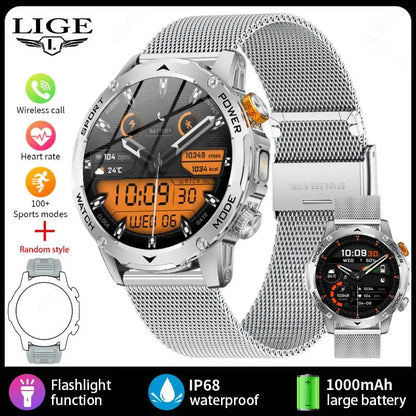 LIGE Smartwatch Men 2025 – 1000 mAh Battery, Outdoor, Bluetooth Call, Sports &amp; Flashlight