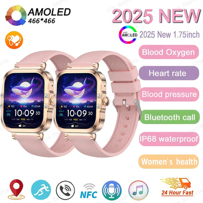 ساعة ذكية NFC 2025 - شاشة AMOLED مقاس 1.75 بوصة، تدعم البلوتوث وتتبع المكالمات والصحة