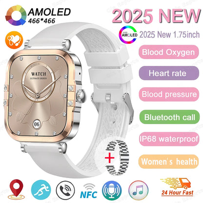 ساعة ذكية NFC 2025 - شاشة AMOLED مقاس 1.75 بوصة، تدعم البلوتوث وتتبع المكالمات والصحة
