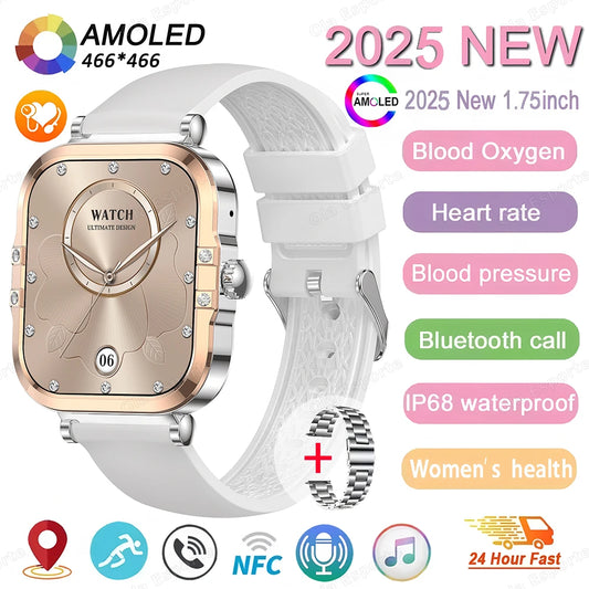 ساعة ذكية NFC 2025 - شاشة AMOLED مقاس 1.75 بوصة، تدعم البلوتوث وتتبع المكالمات والصحة