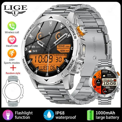 LIGE Smartwatch Men 2025 – 1000 mAh Battery, Outdoor, Bluetooth Call, Sports &amp; Flashlight