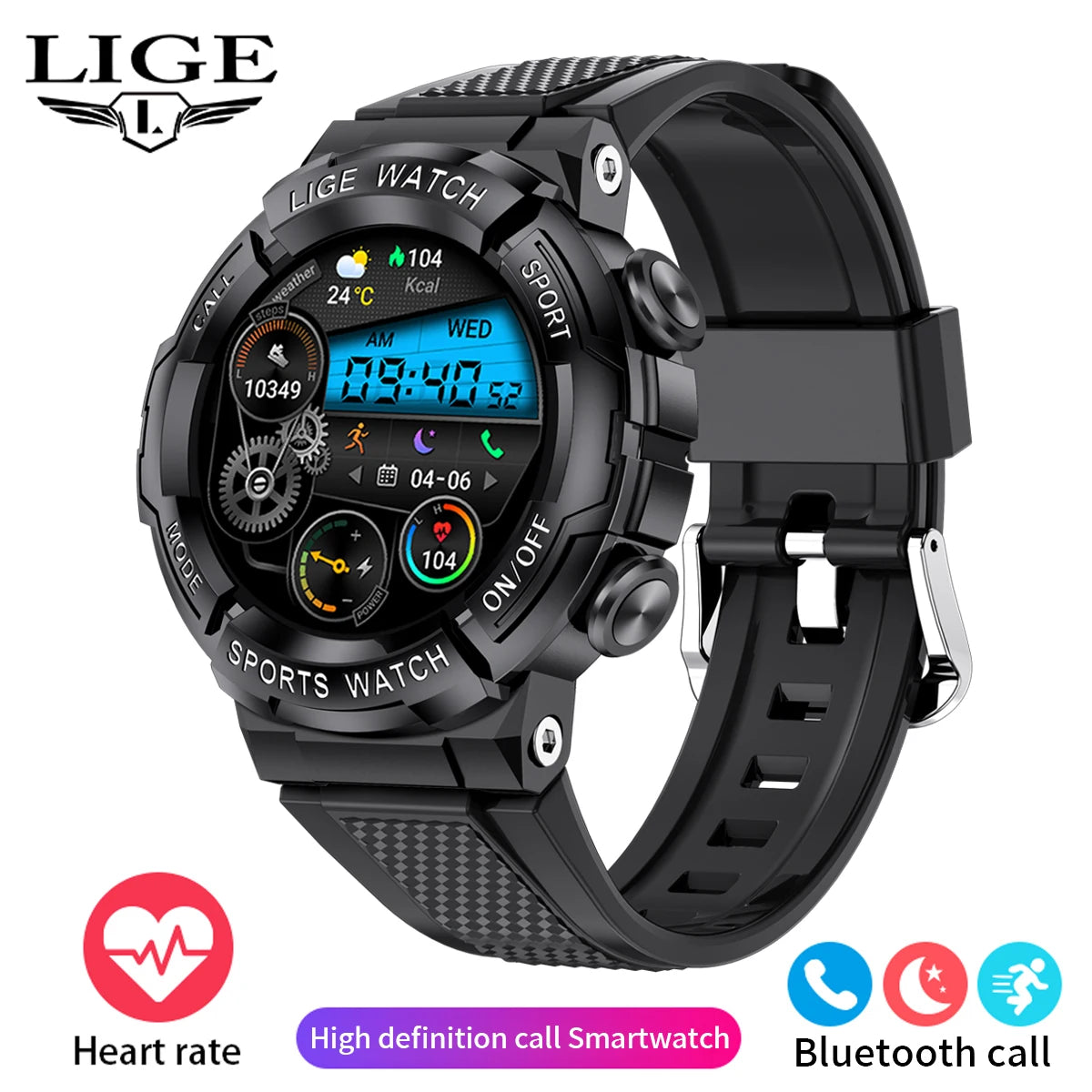 LIGE 2024 Outdoor Smartwatch for Men – Bluetooth Call, Compass, Fitness & Health Monitor, IP68 Waterproof, 1.52" IPS Display