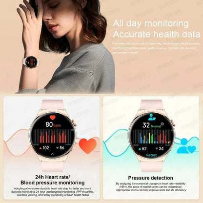 ساعة ذكية نسائية NFC 2024 - شاشة AMOLED مقاس 1.43 بوصة، GPS وبلوتوث للاتصال