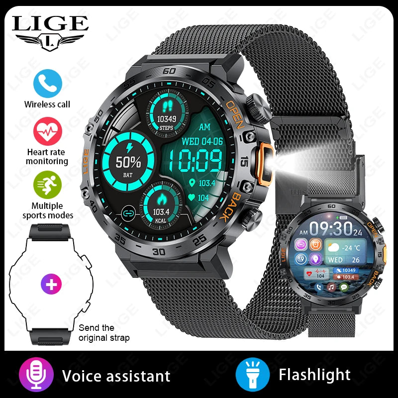 LIGE Militär Outdoor Smartwatch Herren 2024 – AMOLED HD, Bluetooth-Anrufe, Fitness & Sport, IP68 Wasserdicht | Taggytech