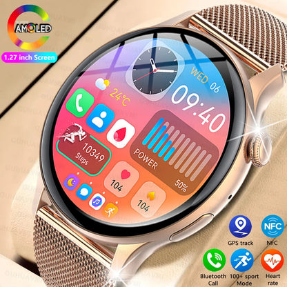 ساعة ذكية نسائية NFC 2024 - شاشة AMOLED مقاس 1.43 بوصة، GPS وبلوتوث للاتصال
