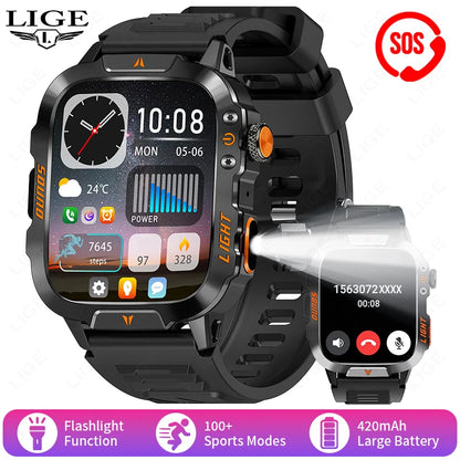 LIGE Militärische Smartwatch 2025 – Wasserdicht, Outdoor Sport Tracker, LED-Taschenlampe, Bluetooth-Anruf | Taggytech