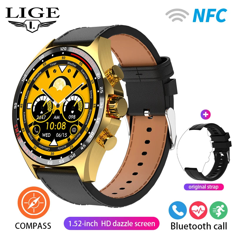 ساعة LIGE الذكية NFC مع نظام تحديد المواقع العالمي (GPS) ومكالمات بلوتوث وبوصلة - شاشة AMOLED مقاس 1.52 بوصة، مقاومة للماء IP68، أكثر من 50 وضعًا رياضيًا، ومساعد صوتي SOS