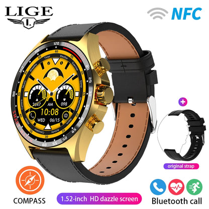 ساعة LIGE الذكية NFC مع نظام تحديد المواقع العالمي (GPS) ومكالمات بلوتوث وبوصلة - شاشة AMOLED مقاس 1.52 بوصة، مقاومة للماء IP68، أكثر من 50 وضعًا رياضيًا، ومساعد صوتي SOS