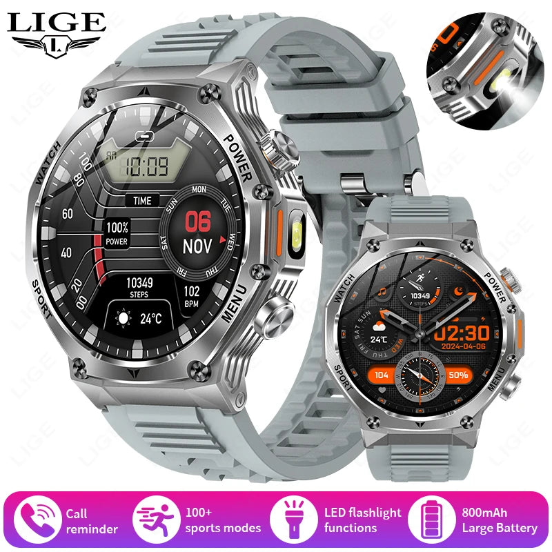 LIGE Smartwatch Herren 2025 – Militär Outdoor, 1,8" HD AMOLED, 800 mAh Batterie, Herzfrequenz & Bluetooth-Anruf, Sport-Smartwatch für Android & iOS