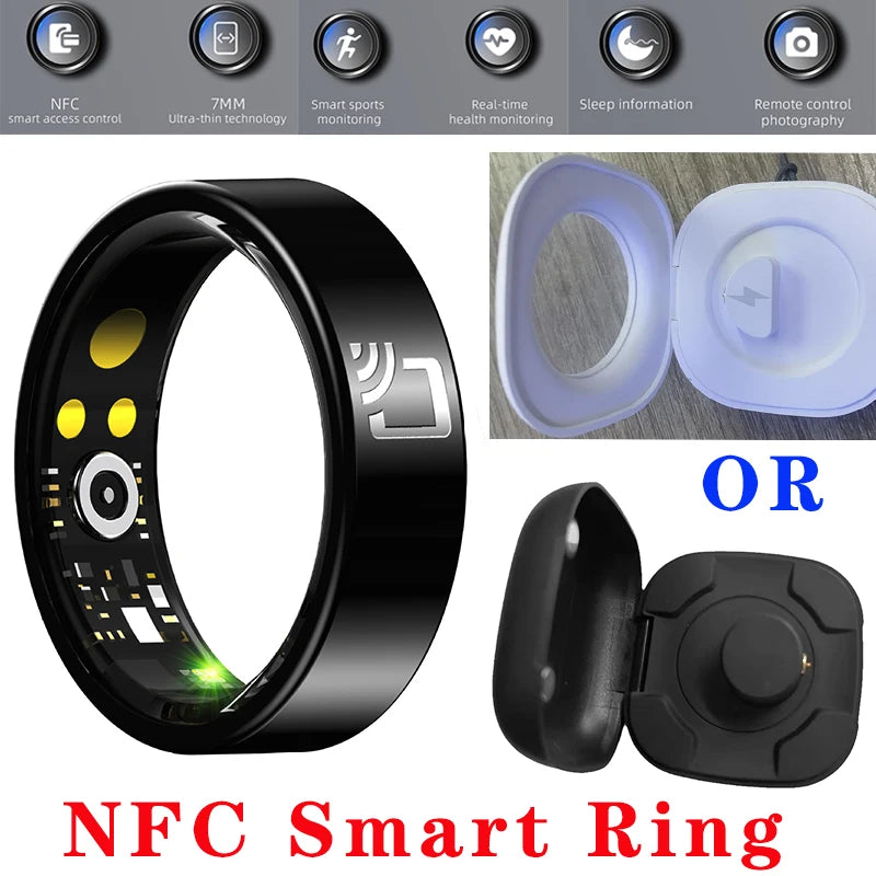 خاتم NFC الذكي - رفيع للغاية 7 مم | معدل ضربات القلب ومراقبة النوم والأكسجين في الدم | الوصول إلى NFC، ومقاومة للماء IP68، بما في ذلك علبة الشحن
