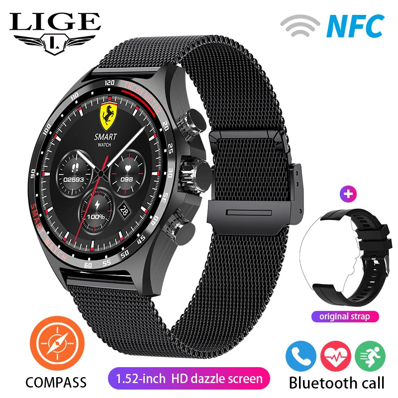 ساعة LIGE الذكية NFC مع نظام تحديد المواقع العالمي (GPS) ومكالمات بلوتوث وبوصلة - شاشة AMOLED مقاس 1.52 بوصة، مقاومة للماء IP68، أكثر من 50 وضعًا رياضيًا، ومساعد صوتي SOS