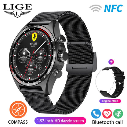 ساعة LIGE الذكية NFC مع نظام تحديد المواقع العالمي (GPS) ومكالمات بلوتوث وبوصلة - شاشة AMOLED مقاس 1.52 بوصة، مقاومة للماء IP68، أكثر من 50 وضعًا رياضيًا، ومساعد صوتي SOS