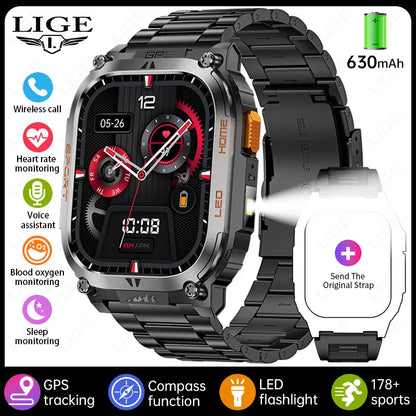 LIGE 2025 Smartwatch Men – 2.01" HD AMOLED, GPS, IP68 Waterproof, Outdoor Sports, LED Flashlight, Bluetooth Calls
