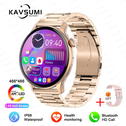 ساعة ذكية نسائية NFC 2024 - شاشة AMOLED مقاس 1.43 بوصة، GPS وبلوتوث للاتصال