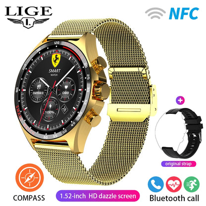 ساعة LIGE الذكية NFC مع نظام تحديد المواقع العالمي (GPS) ومكالمات بلوتوث وبوصلة - شاشة AMOLED مقاس 1.52 بوصة، مقاومة للماء IP68، أكثر من 50 وضعًا رياضيًا، ومساعد صوتي SOS