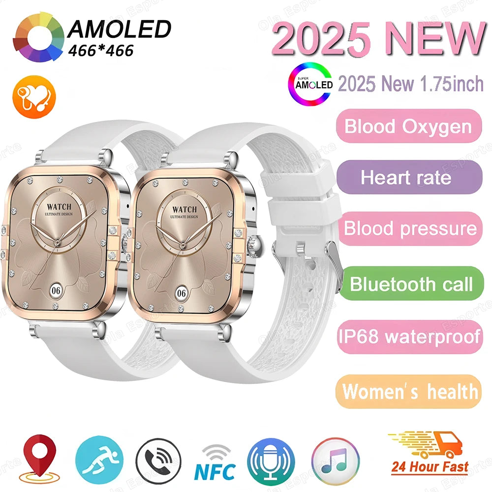 ساعة ذكية NFC 2025 - شاشة AMOLED مقاس 1.75 بوصة، تدعم البلوتوث وتتبع المكالمات والصحة