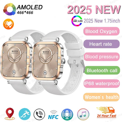 ساعة ذكية NFC 2025 - شاشة AMOLED مقاس 1.75 بوصة، تدعم البلوتوث وتتبع المكالمات والصحة