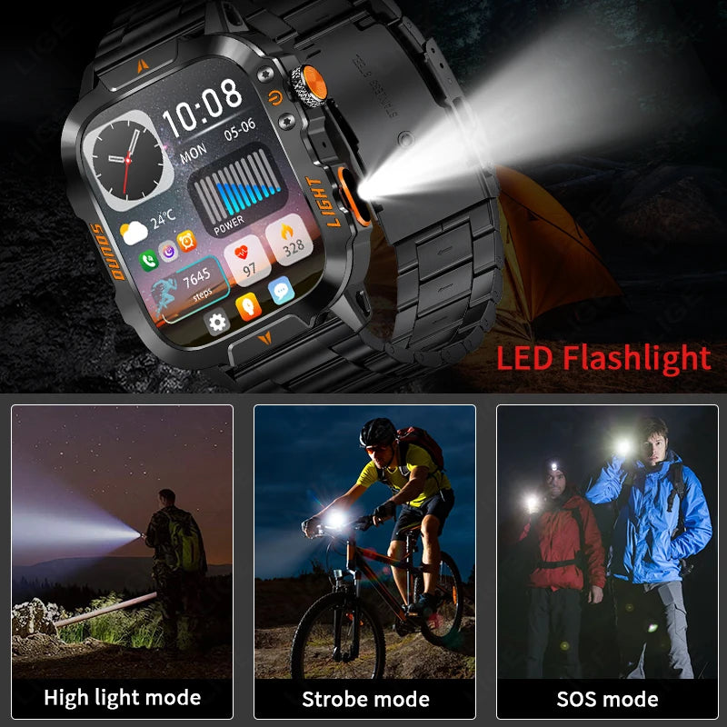 LIGE Militärische Smartwatch 2025 – Wasserdicht, Outdoor Sport Tracker, LED-Taschenlampe, Bluetooth-Anruf | Taggytech