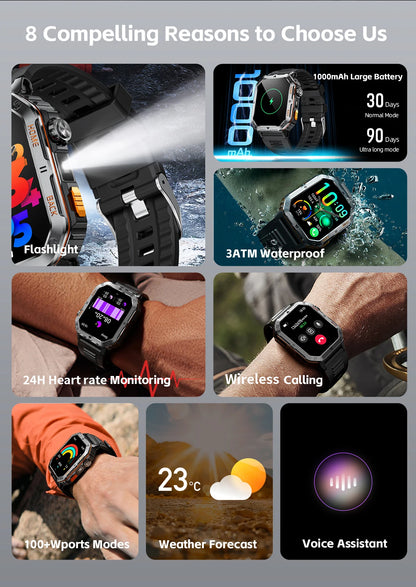 LIGE 2025 Outdoor Smartwatch Herren – 2,01" HD Display, 1000mAh Akku, 3ATM Wasserdicht, Sport & Fitness | Taggytech