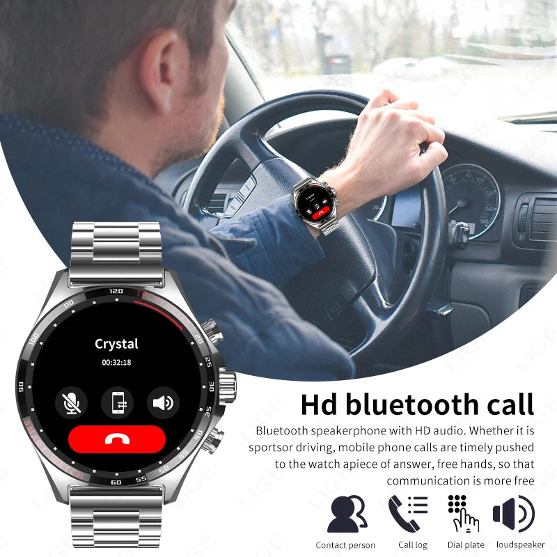 ساعة LIGE الذكية NFC مع نظام تحديد المواقع العالمي (GPS) ومكالمات بلوتوث وبوصلة - شاشة AMOLED مقاس 1.52 بوصة، مقاومة للماء IP68، أكثر من 50 وضعًا رياضيًا، ومساعد صوتي SOS